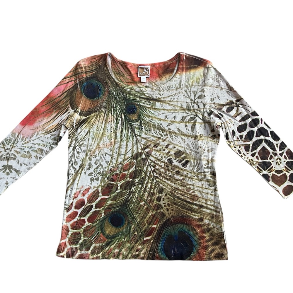 JM collection top Petite Medium Peacock Feather Colorful
